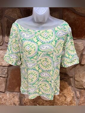 Ralph Lauren Green & Yellow Paisley Knit Blouse Women’s Large 100% Cotton
